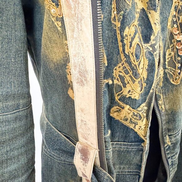 VINTAGE 90S ACID WASH SEQUIN DENIM TRENCH COAT JONINO - Picture 5 of 13